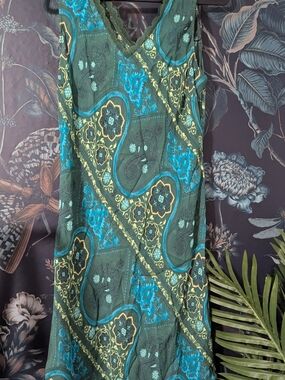 VTG Teal Green Paisley Lace Trim Fantasea by Francesca Caretti Dress Size 12